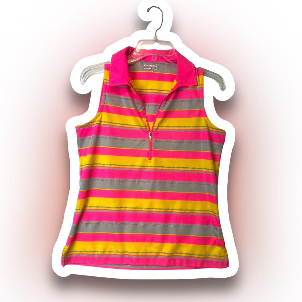 Golf America Size Medium Barbie Pink Striped Zip Front Collared Sleeveless Top